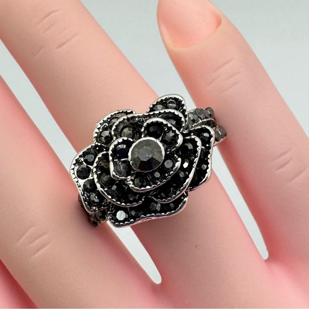 Silver Black Crystal Rose Ring Gothic Distressed Statement Bold Floral Sz 8
